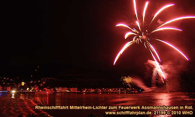 Rheinschifffahrt Mittelrhein-Lichter zum Feuerwerk Assmannshausen in Rot, dem schönsten Rotweinfest im Rheingau